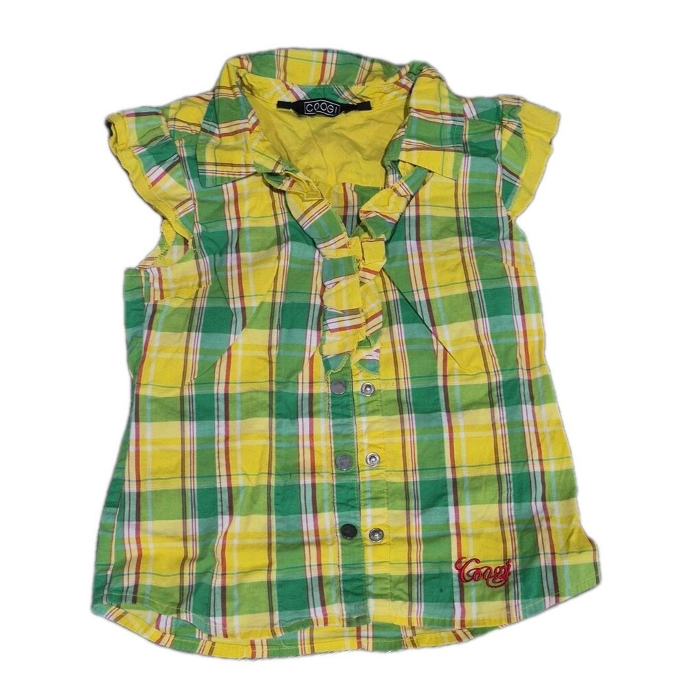 Y2K Girls Coogi Yellow And Green Plaid Short Sleeve Shirt Button UP Y2K 6X (XL)